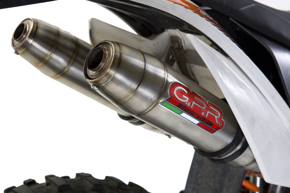 Pot echappement compatible avec Ktm Freeride 350 4T 2012-2017, Deeptone Inox, Paire de pot d'échappement homologuées, livrées avec db killer amovible et raccords spécifiques 