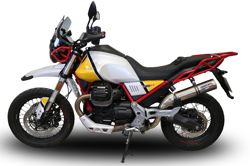 Pot echappement compatible avec Moto Guzzi V85 TT 2021-2024, M3 Titanium Natural, Échappement légal, homologué,silencieux avec db killer amovible et tuyau de liaison spécifique 