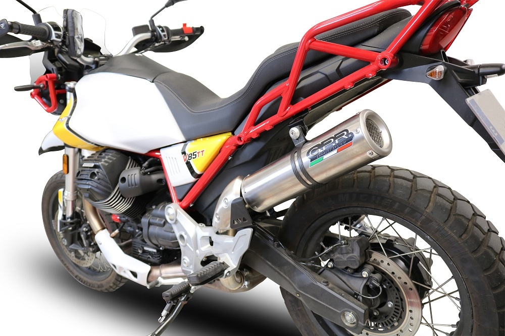 Pot echappement compatible avec Moto Guzzi V85 TT 2021-2024, M3 Titanium Natural, Échappement légal, homologué,silencieux avec db killer amovible et tuyau de liaison spécifique 
