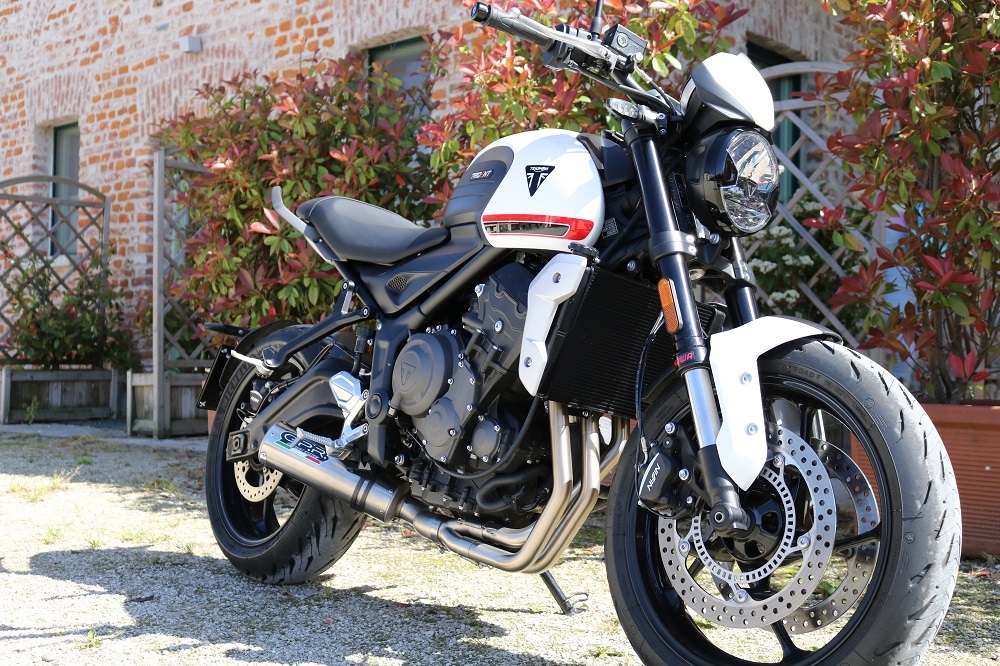 Pot echappement compatible avec Triumph Trident 660 2021-2024, M3 Titanium Natural, Homologué et légal, système d'échappement complet avec catalyseur et db killer amovible 