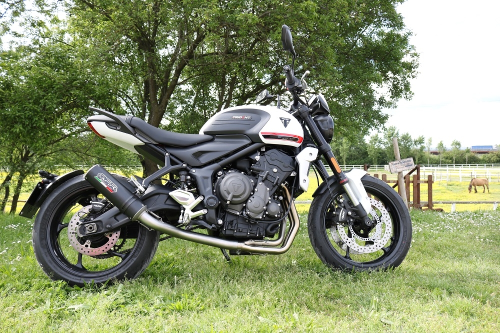 Pot echappement compatible avec Triumph Trident 660 2021-2024, M3 Black Titanium, Pot d'échappement complet racing, compris de collecteur et db killer amovible, sans homologation 