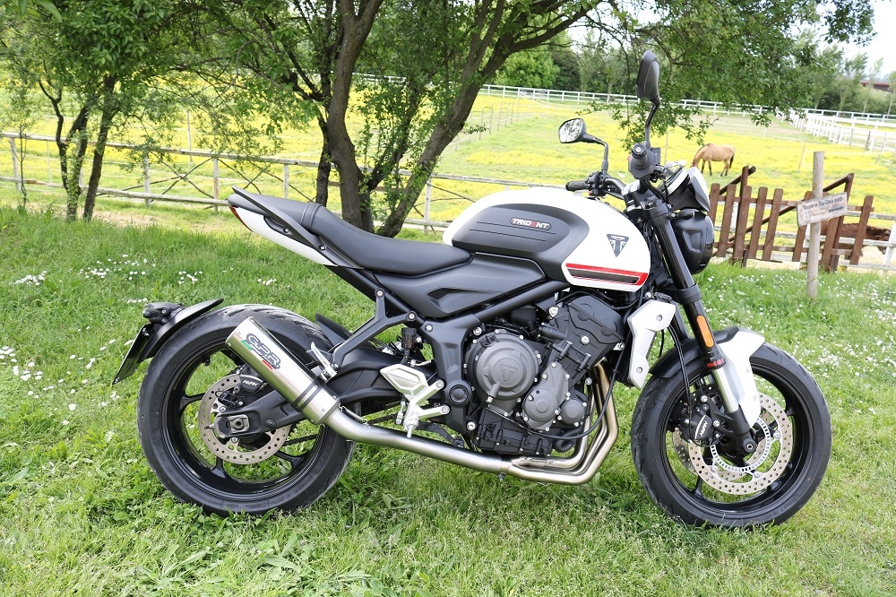 Pot echappement compatible avec Triumph Trident 660 2021-2024, M3 Inox , Homologué et légal, système d'échappement complet avec catalyseur et db killer amovible 