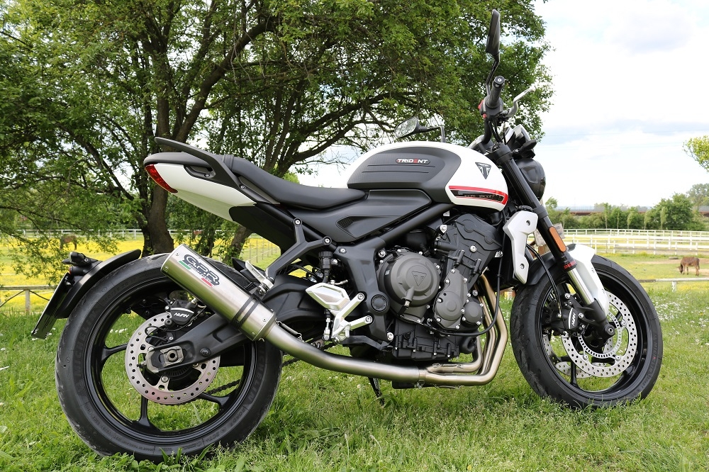 Pot echappement compatible avec Triumph Trident 660 2021-2024, M3 Titanium Natural, Homologué et légal, système d'échappement complet avec catalyseur et db killer amovible 