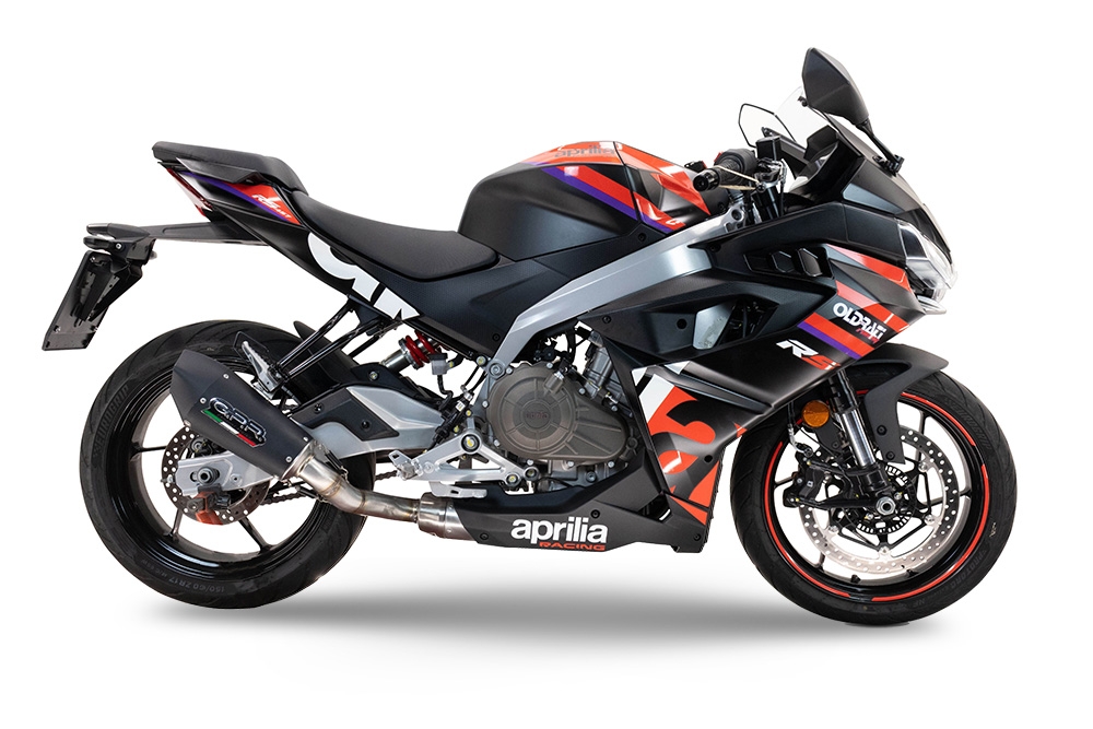 Pot echappement compatible avec Aprilia RS 457 2024-2025, GP Evo4 Black Titanium, Homologué et légal, système d'échappement complet avec catalyseur et db killer amovible 