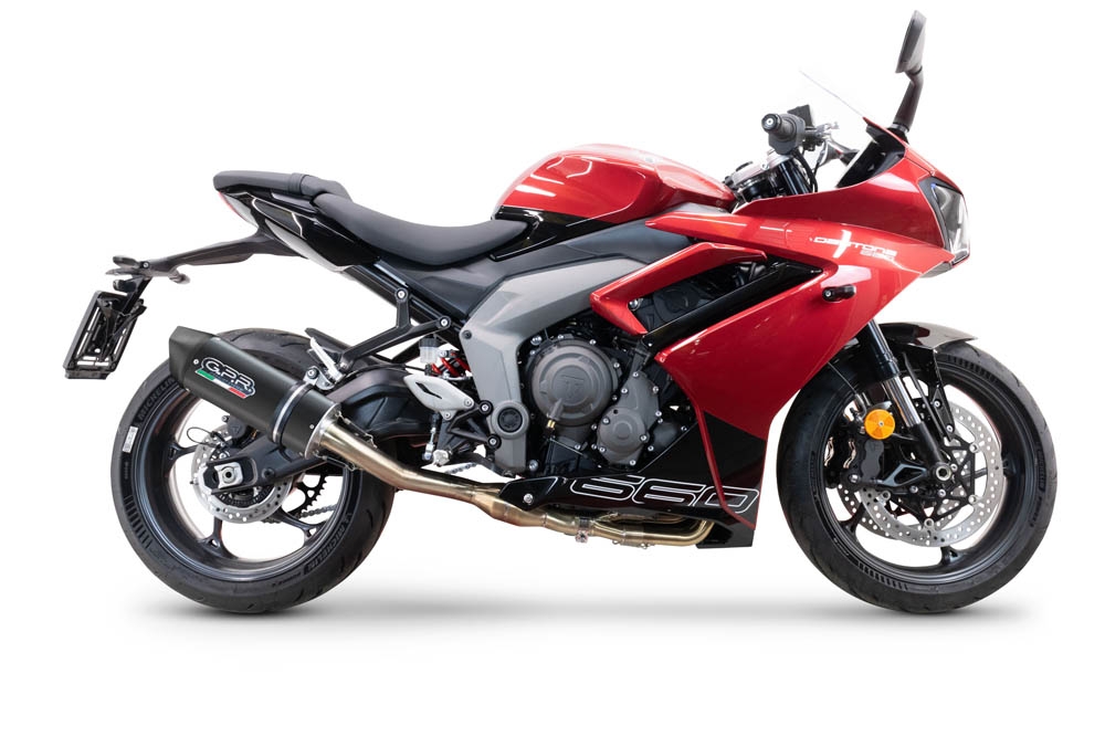 Pot echappement compatible avec Triumph Daytona 660 2023-2025, Furore Evo4 Nero, Homologué et légal, système d'échappement complet avec catalyseur et db killer amovible 