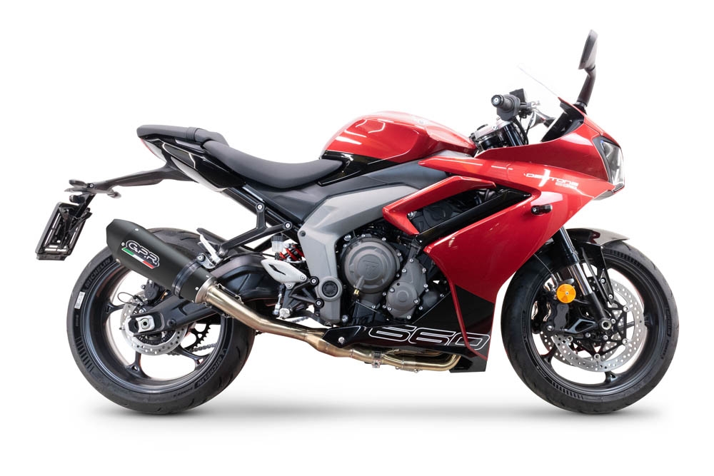 Pot echappement compatible avec Triumph Daytona 660 2023-2025, GP Evo4 Black Titanium, Homologué et légal, système d'échappement complet avec catalyseur et db killer amovible 