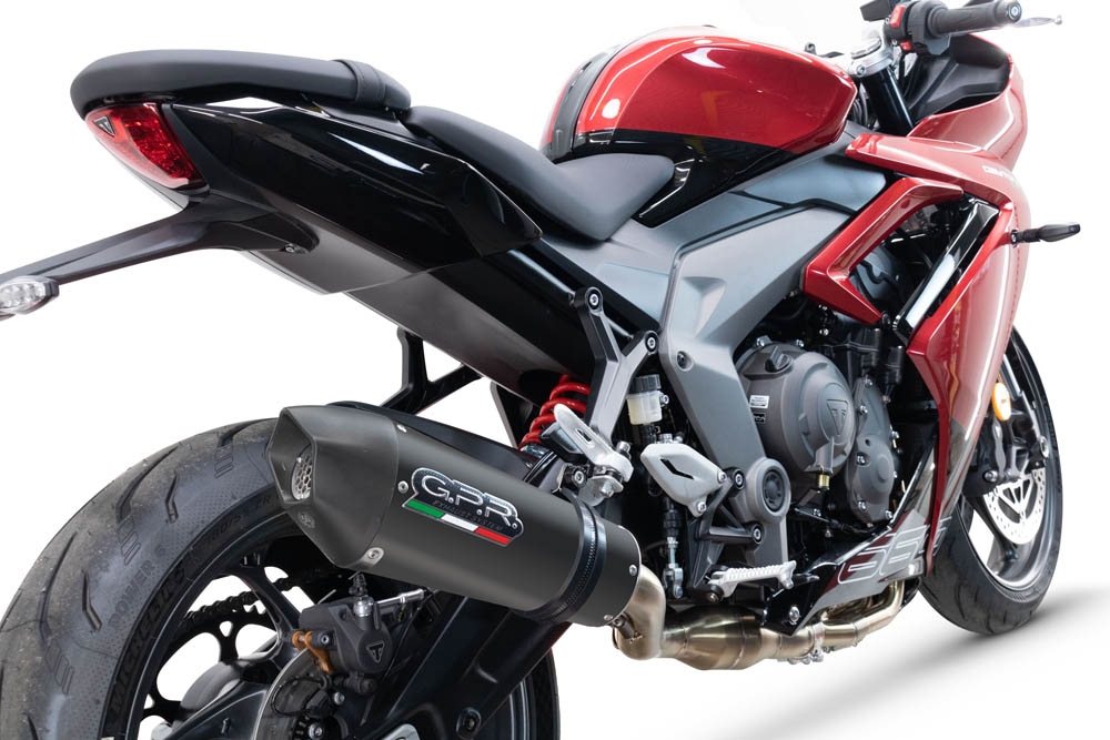 Pot echappement compatible avec Triumph Daytona 660 2023-2025, GP Evo4 Black Titanium, Homologué et légal, système d'échappement complet avec catalyseur et db killer amovible 