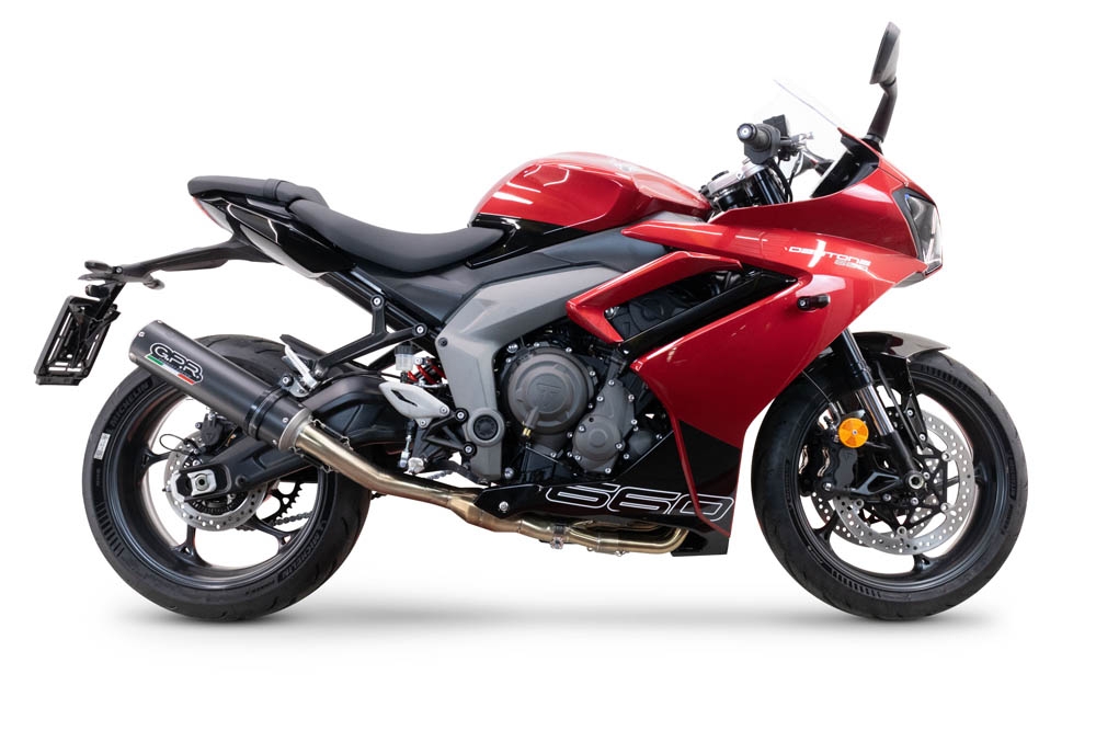 Pot echappement compatible avec Triumph Daytona 660 2023-2025, M3 Black Titanium, Homologué et légal, système d'échappement complet avec catalyseur et db killer amovible 