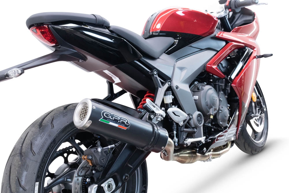 Pot echappement compatible avec Triumph Daytona 660 2023-2025, M3 Black Titanium, Homologué et légal, système d'échappement complet avec catalyseur et db killer amovible 