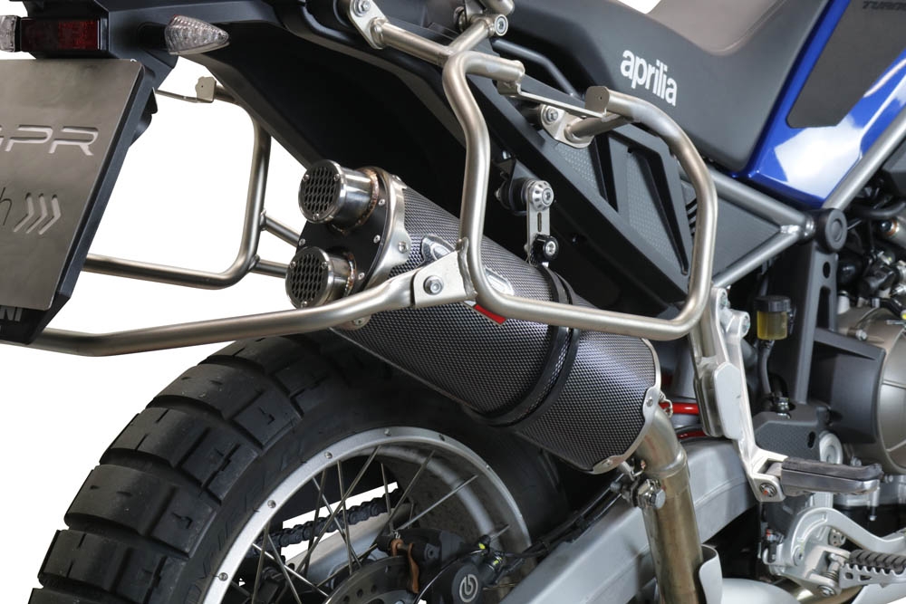 Pot echappement compatible avec Aprilia Tuareg 660 2021-2024, Dual Poppy, Échappement légal, homologué,silencieux avec db killer amovible et tuyau de liaison spécifique 