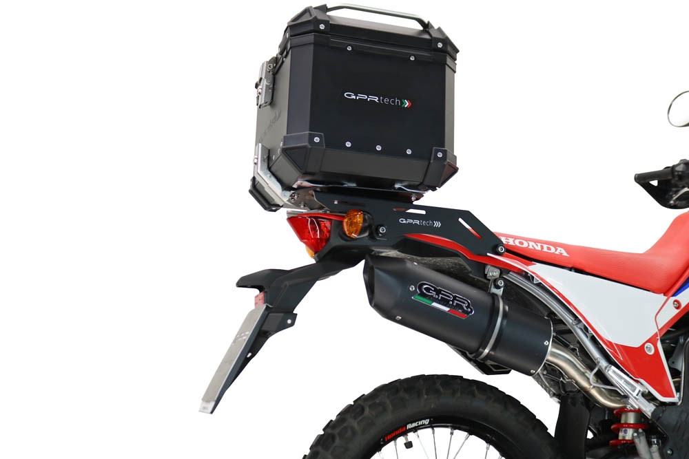 Top case en aluminium, couleur argent avec  porte-bagases y plaque spécifique Top-case GPR TECH compatible avec  Honda Crf 300 L / Rally 2021/2024 e5
