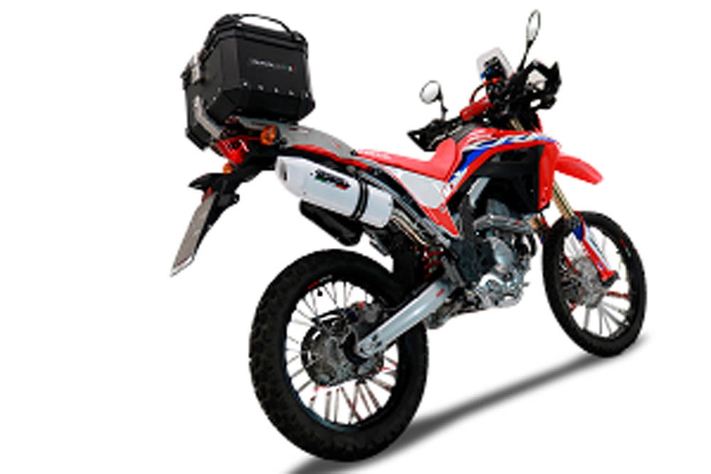 Top case en aluminium, couleur argent avec  porte-bagases y plaque spécifique Top-case GPR TECH compatible avec  Honda Crf 300 L / Rally 2021/2024 e5