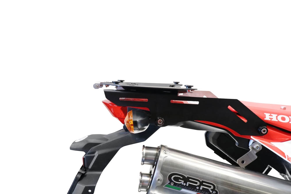 Top case en aluminium, couleur argent avec  porte-bagases y plaque spécifique Top-case GPR TECH compatible avec  Honda Crf 300 L / Rally 2021/2024 e5