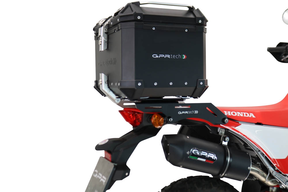 Top case en aluminium, couleur argent avec  porte-bagases y plaque spécifique Top-case GPR TECH compatible avec  Honda Crf 300 L / Rally 2021/2024 e5