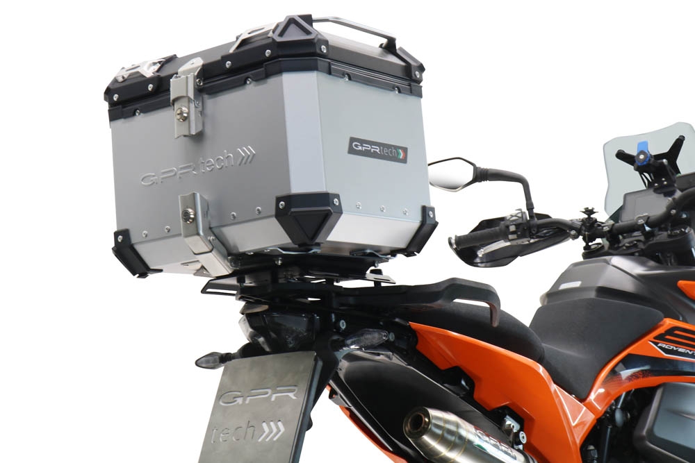 Top case en aluminium, couleur argent avec plaque spécifique incluse Top-case GPR TECH compatible avec  Ktm Adventure 890 - 890 R Rally 2021/2024 e5