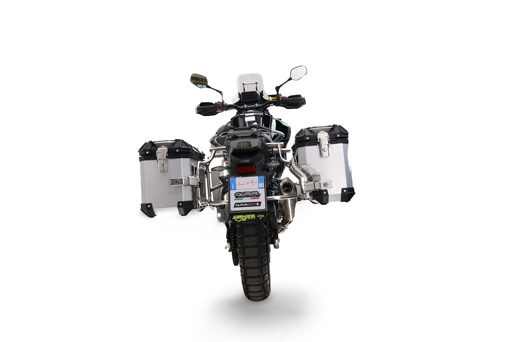 GPR TECH compatible with  Cf Moto 450MT 2023/2025 Euro5 Plus Paire de valises latérales en aluminium avec côté droit profilé, couleur argent avec support de valise spécifique Capacité 38 LT. + 32 LT.