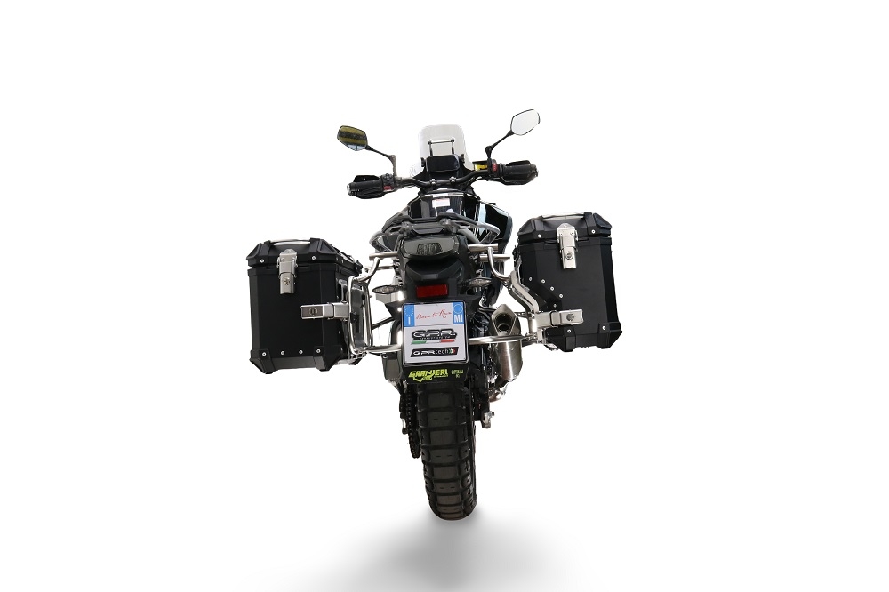 GPR TECH compatible with  Cf Moto 450MT 2023/2025 Euro5 Plus Paire de valises latérales en aluminium avec côté droit profilé, couleur noire avec support de valise spécifique Capacité 38 LT. + 32 LT.