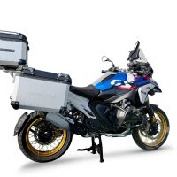 GPR TECH compatible with  Bmw R 1300 GS Adventure 2023/2025 Kit triptyque réalisé en couleur argent, avec Top case 35 Lt + Valises latéral couleur noirees 38 Lt + 38 Lt + support de porte-bagages général couleur noire Capacité du top case 35 Litres + capa