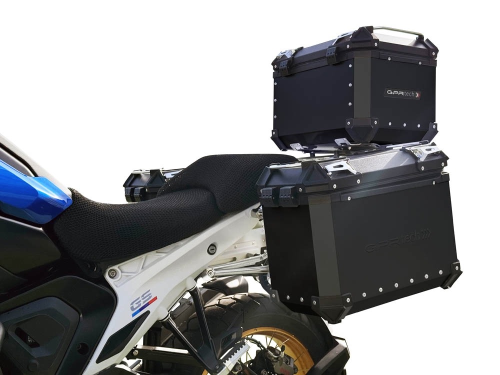 GPR TECH compatible with  Bmw R 1300 GS Adventure 2023/2025 Kit triptyque réalisé en couleur noire, avec Top case 45 Lt + Valises latérales 38 Lt + 38 Lt + support de porte-bagages général Capacité du top case 45 Litres + capacité des valises latérales 38