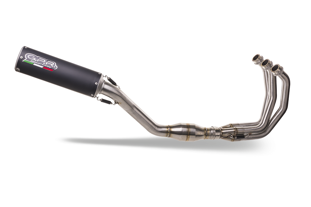 Pot echappement compatible avec Yamaha Tracer 9 2021-2024, M3 Black Titanium, Homologué et légal, système d'échappement complet avec catalyseur et db killer amovible 