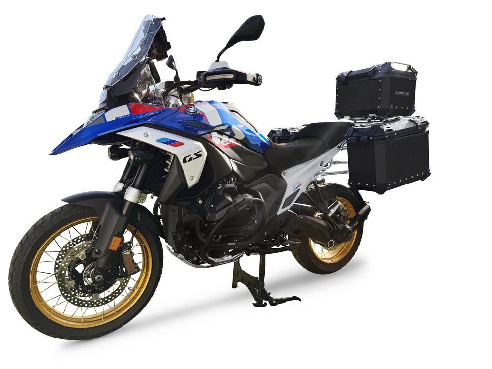 GPR TECH compatible with  Bmw R 1300 GS 2023/2025 Kit triptyque réalisé en couleur noire, avec Top case 45 Lt + Valises latérales 38 Lt + 38 Lt + support de porte-bagages général Capacité du top case 45 Litres + capacité des valises latérales 38 Litres + 