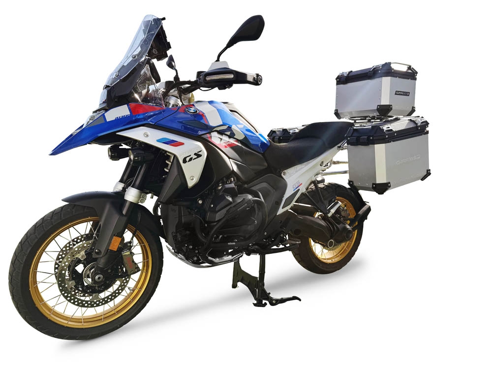 GPR TECH compatible with  Bmw R 1300 GS 2023/2025 Kit triptyque réalisé en couleur argent, avec Top case 45 Lt + Valises latéral couleur noirees 38 Lt + 38 Lt + support de porte-bagages général couleur noire Capacité du top case 45 Litres + capacité des v