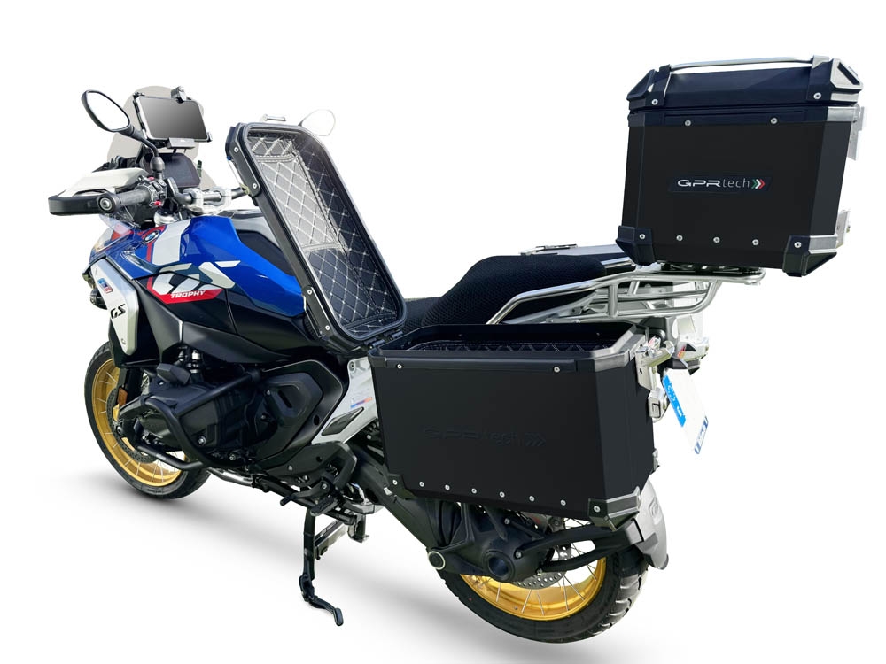 GPR TECH compatible with  Bmw R 1300 GS 2023/2025 Kit triptyque réalisé en couleur noire, avec Top case 35 Lt + Valises latérales 38 Lt + 38 Lt + support de porte-bagages général Capacité du top case 35 Litres + capacité des valises latérales 38 Litres + 