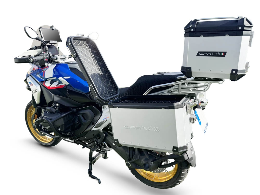 GPR TECH compatible with  Bmw R 1300 GS Adventure 2023/2025 Kit triptyque réalisé en couleur argent, avec Top case 45 Lt + Valises latéral couleur noirees 38 Lt + 38 Lt + support de porte-bagages général couleur noire Capacité du top case 45 Litres + capa