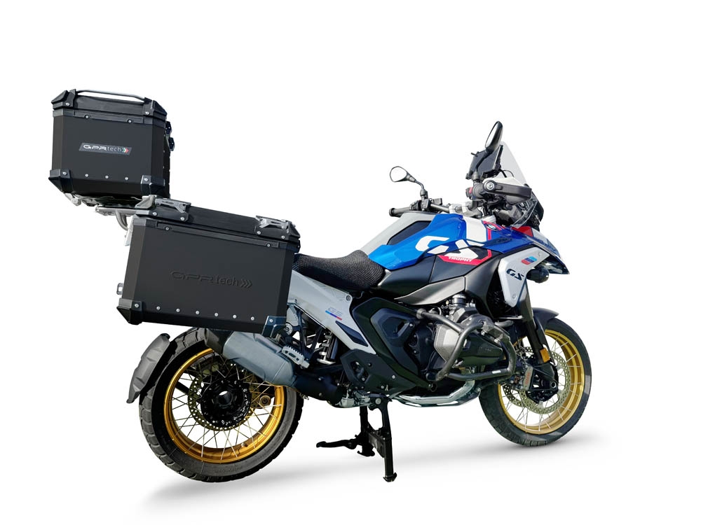 GPR TECH compatible with  Bmw R 1300 GS 2023/2025 Kit triptyque réalisé en couleur noire, avec Top case 35 Lt + Valises latérales 38 Lt + 38 Lt + support de porte-bagages général Capacité du top case 35 Litres + capacité des valises latérales 38 Litres + 