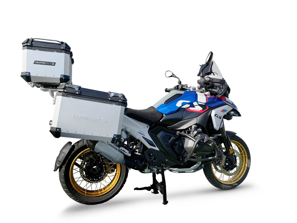 GPR TECH compatible with  Bmw R 1300 GS 2023/2025 Kit triptyque réalisé en couleur argent, avec Top case 45 Lt + Valises latéral couleur noirees 38 Lt + 38 Lt + support de porte-bagages général couleur noire Capacité du top case 45 Litres + capacité des v
