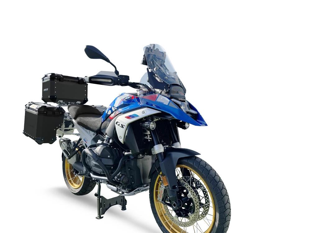 GPR TECH compatible with  Bmw R 1300 GS 2023/2025 Kit triptyque réalisé en couleur noire, avec Top case 35 Lt + Valises latérales 38 Lt + 38 Lt + support de porte-bagages général Capacité du top case 35 Litres + capacité des valises latérales 38 Litres + 