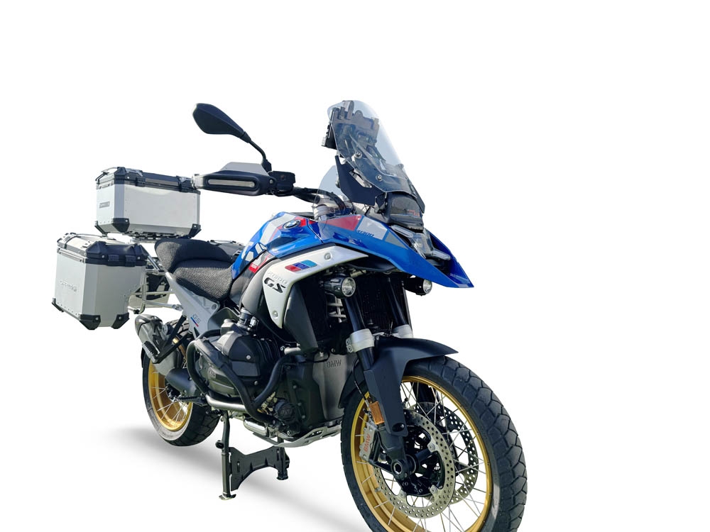 GPR TECH compatible with  Bmw R 1300 GS 2023/2025 Kit triptyque réalisé en couleur argent, avec Top case 45 Lt + Valises latéral couleur noirees 38 Lt + 38 Lt + support de porte-bagages général couleur noire Capacité du top case 45 Litres + capacité des v