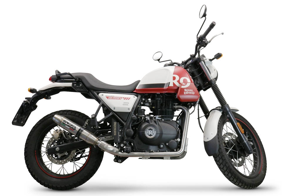 Pot echappement compatible avec Royal Enfield Scram 411 2022-2024, Deeptone Inox, Pot échappement racing, avec les tuyaux de liaison, article sans homologation 