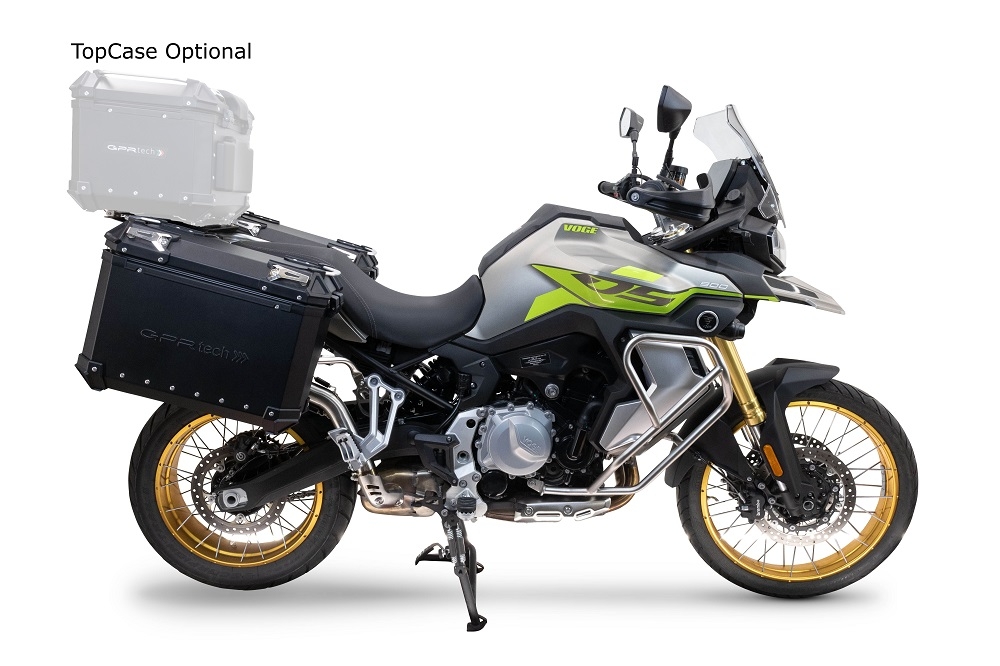 Paire de valises latérales en aluminium avec côté droit profilé, couleur argent avec support de valise spécifique argent GPR TECH compatible avec  Voge 900DSX 2024/2025 e5