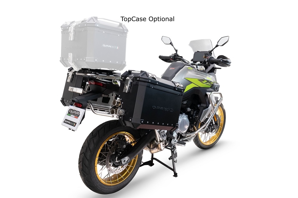 Paire de valises latérales en aluminium avec côté droit profilé, couleur argent avec support de valise spécifique argent GPR TECH compatible avec  Voge 900DSX 2024/2025 e5