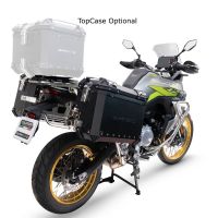 Paire de valises latérales en aluminium avec côté droit profilé, couleur noire avec support de valise spécifique argent GPR TECH compatible avec  Voge 900DSX 2024/2025 e5