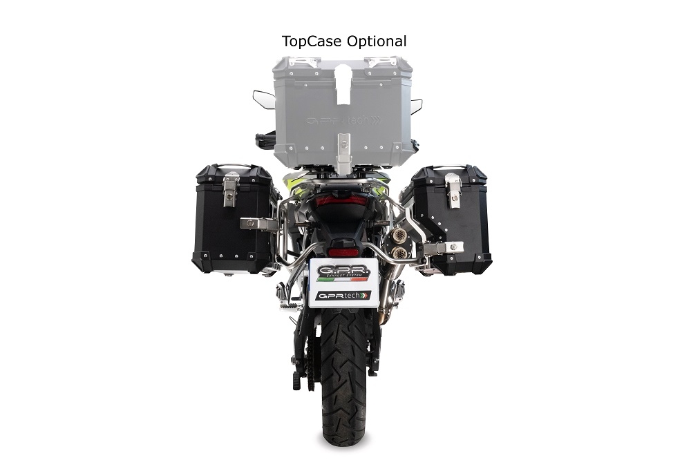 Paire de valises latérales en aluminium avec côté droit profilé, couleur argent avec support de valise spécifique argent GPR TECH compatible avec  Voge 900DSX 2024/2025 e5