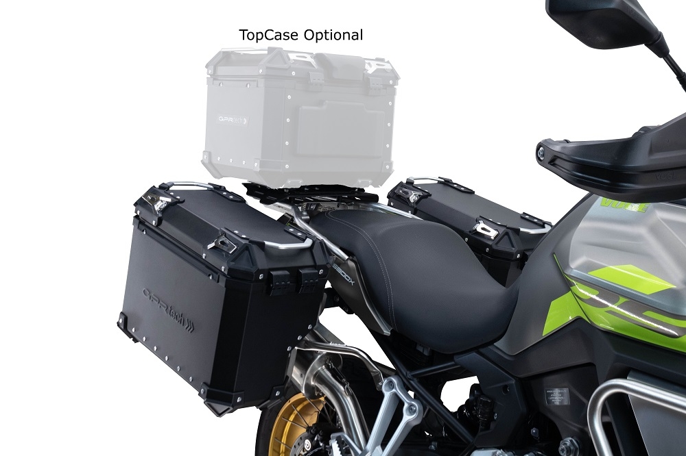 Paire de valises latérales en aluminium avec côté droit profilé, couleur argent avec support de valise spécifique argent GPR TECH compatible avec  Voge 900DSX 2024/2025 e5