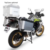 Paire de valises latérales en aluminium avec côté droit profilé, couleur noire avec support de valise spécifique argent GPR TECH compatible avec  Voge 900DSX 2024/2025 e5
